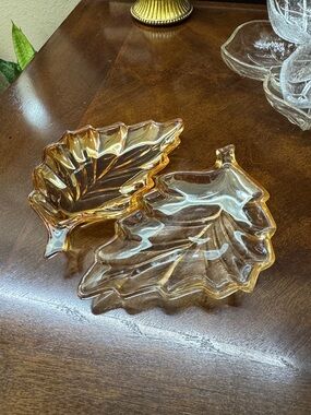 Set Of Two Carnival Glass Leaf Dish Marigold Iridescent Pressed Candy Bowl